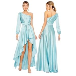 Ieena For Mac Duggal Blue Long Sleeve One Shoulder Satin High Low A-Line Gown 14